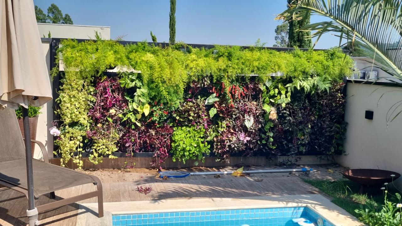 Jardim vertical natural em área de piscina